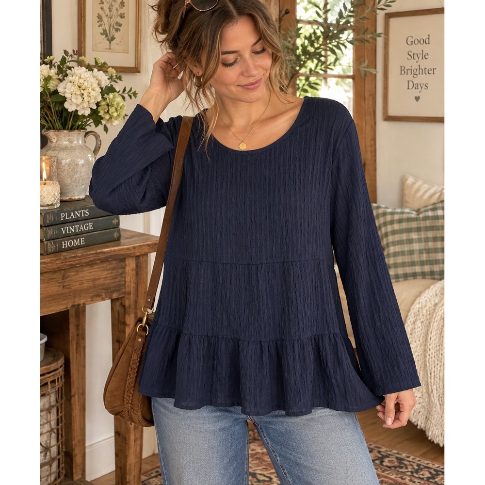 Emery Rose Women's Large Navy Textured Peplum Blouse Cottagecore Boho Top